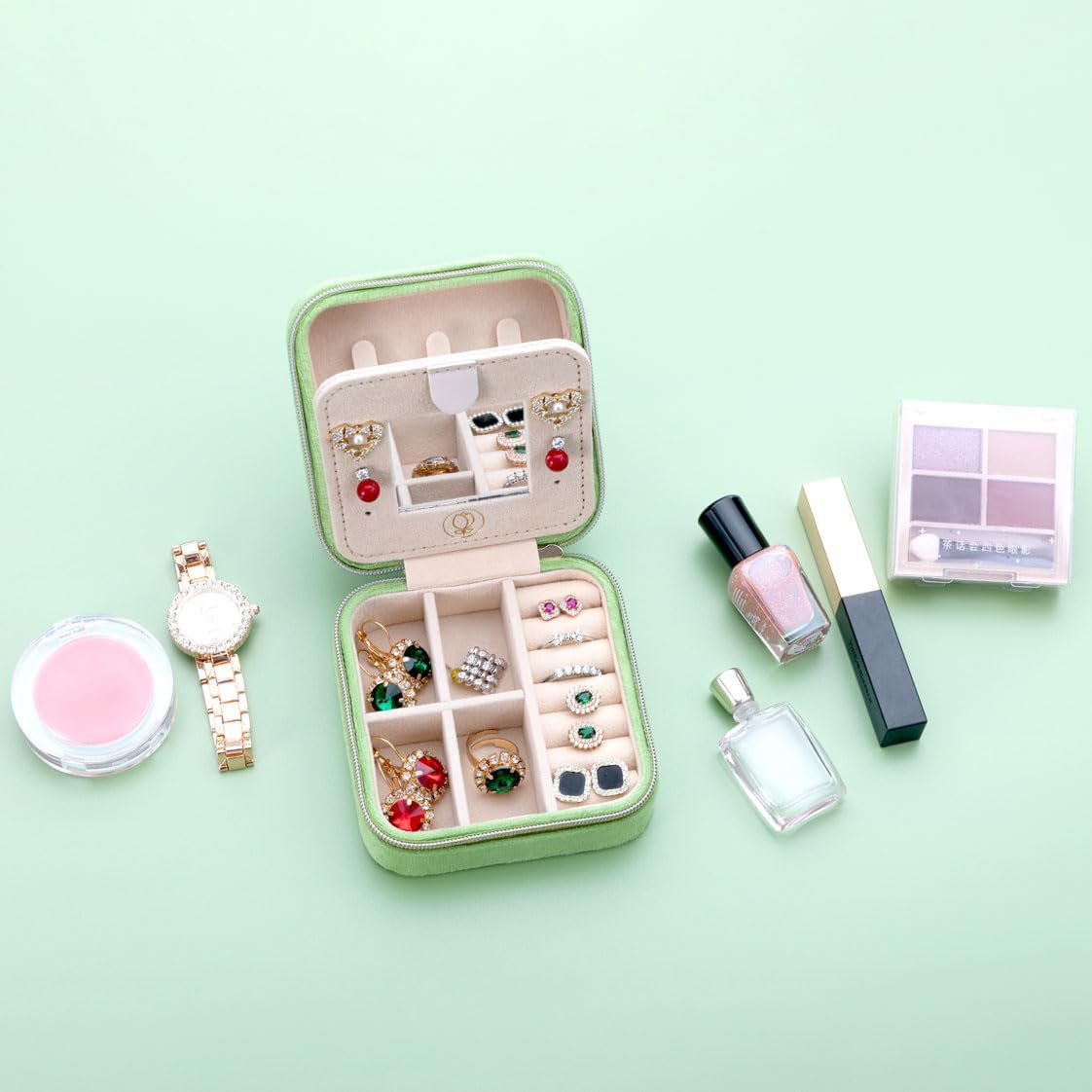 Plush Velvet Travel Jewelry Case, Travel Jewelry Organizer, Jewelry Travel Case, Travel Jewelry Box, Small Jewelry Case, Jewelry Travel Box, Earring Organizer with Mirror - Lightgreen