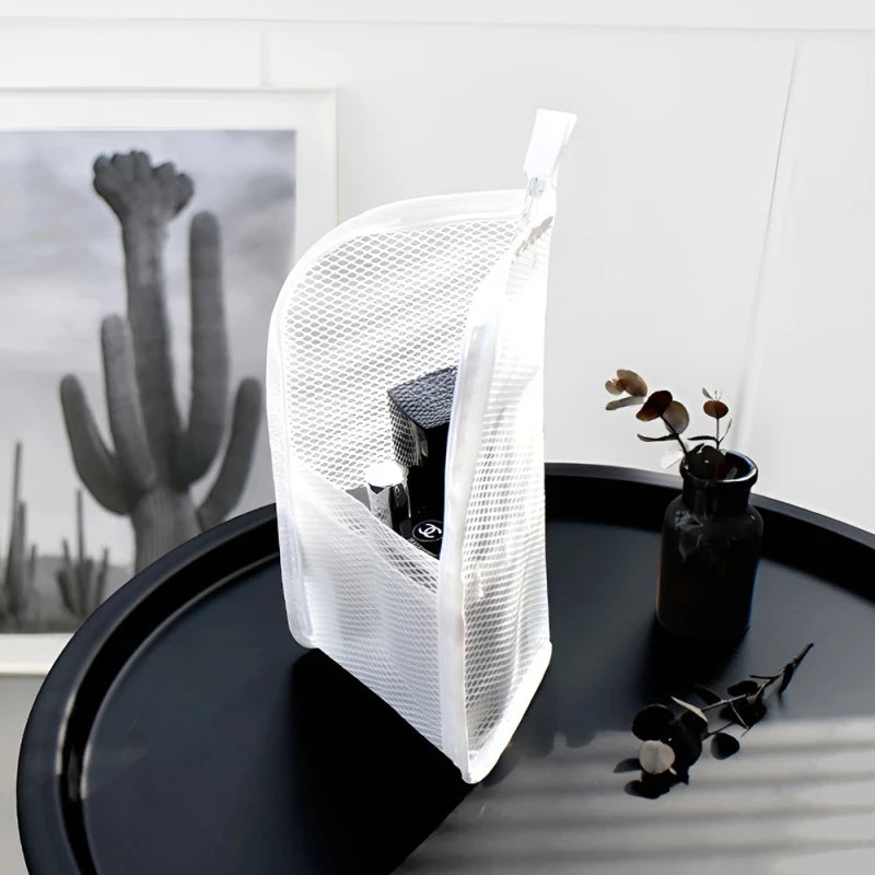 Portable Mesh Standing Toiletry Bag, Lightweight Foldable Clear Hanging Travel Organiser for Toothbrush &amp; Travel