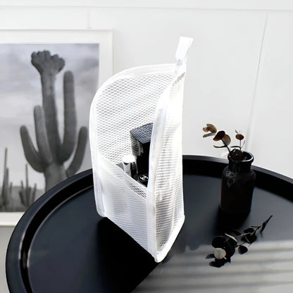 Portable Mesh Standing Toiletry Bag, Lightweight Foldable Clear Hanging Travel Organiser for Toothbrush &amp; Travel