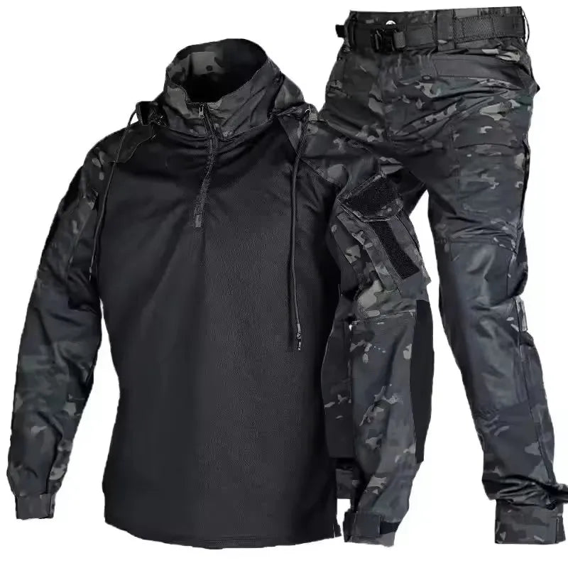 Outdoor Uniform Tactical Suits Wear Resistant T-Shirt Hooded Pants Men Clothes Combat Shirts Airsoft Paintball Hunting Clothing