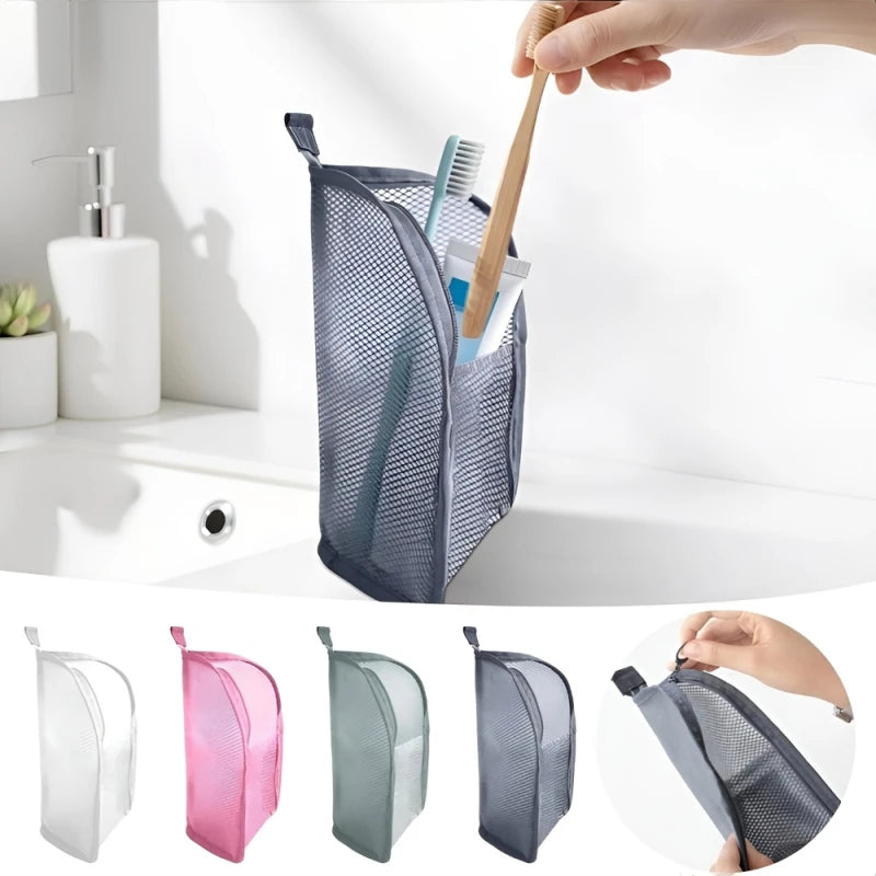 Portable Mesh Standing Toiletry Bag, Lightweight Foldable Clear Hanging Travel Organiser for Toothbrush &amp; Travel