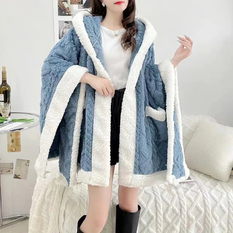 Single Nap Blanket Suede Quilkt Warm Shawl Household Hooded Hood Lazy Clothes Chinese Style Cloak Outgoing Windproof Clothing