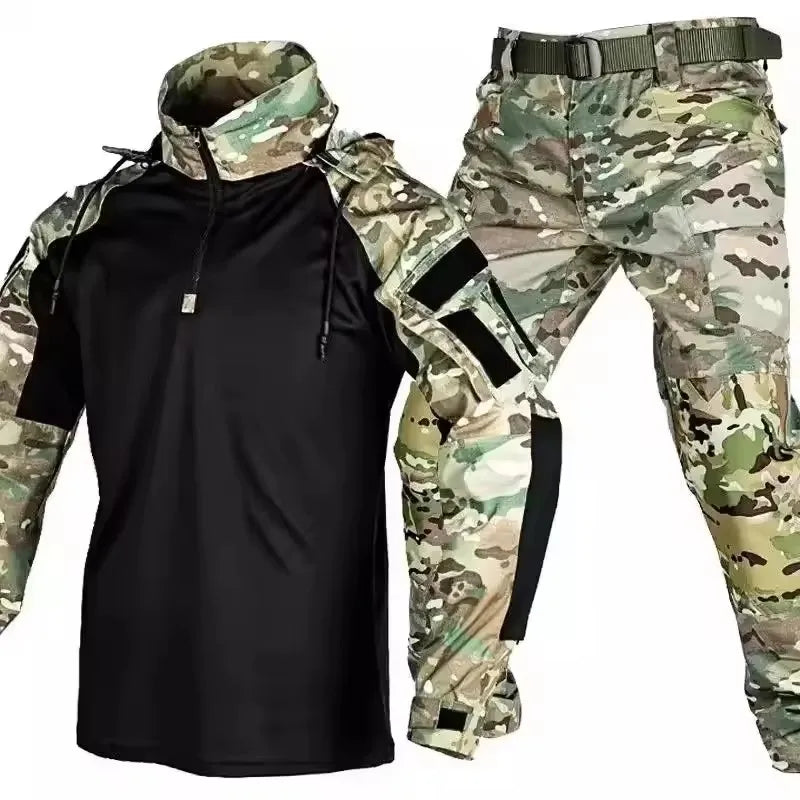 Outdoor Uniform Tactical Suits Wear Resistant T-Shirt Hooded Pants Men Clothes Combat Shirts Airsoft Paintball Hunting Clothing
