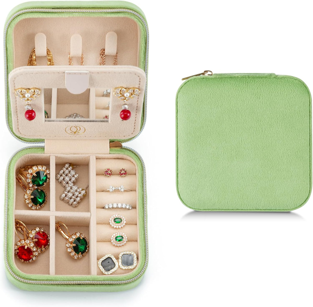 Plush Velvet Travel Jewelry Case, Travel Jewelry Organizer, Jewelry Travel Case, Travel Jewelry Box, Small Jewelry Case, Jewelry Travel Box, Earring Organizer with Mirror - Lightgreen