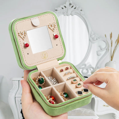 Plush Velvet Travel Jewelry Case, Travel Jewelry Organizer, Jewelry Travel Case, Travel Jewelry Box, Small Jewelry Case, Jewelry Travel Box, Earring Organizer with Mirror - Lightgreen